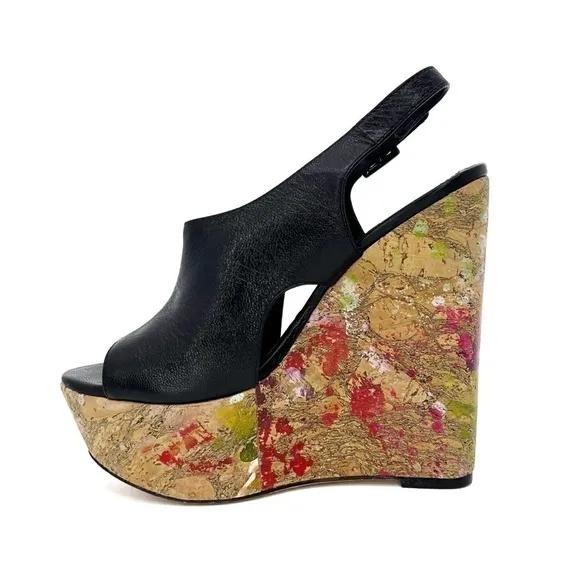 Alice   Olivia Sonia Platform Wedge Heels Black Leather Euro Size 37 = US 7 EUC