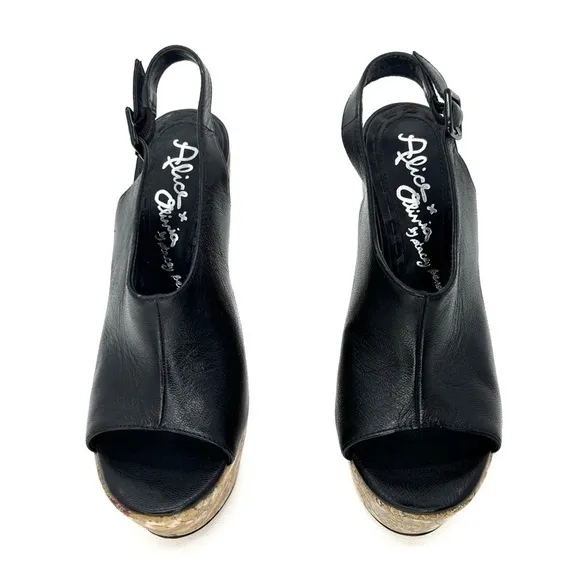 Alice   Olivia Sonia Platform Wedge Heels Black Leather Euro Size 37 = US 7 EUC