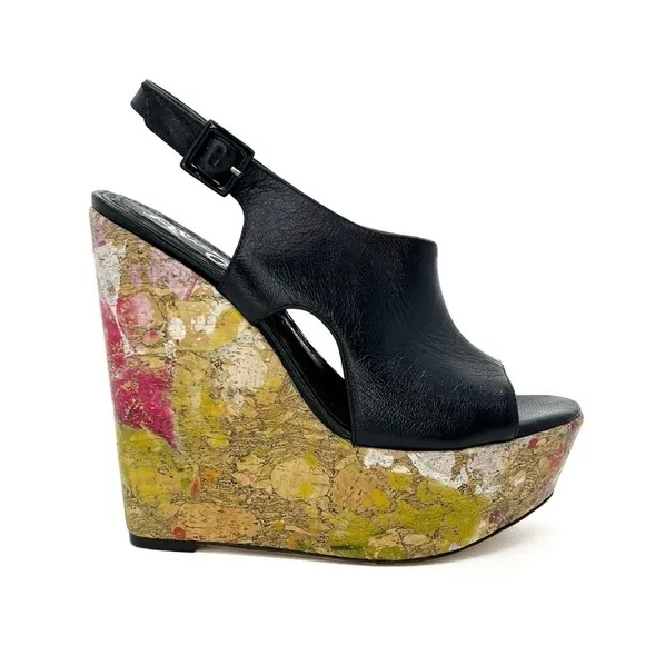 Alice   Olivia Sonia Platform Wedge Heels Black Leather Euro Size 37 = US 7 EUC