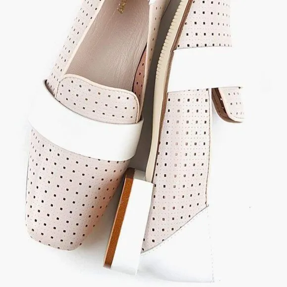 All Black Ballerina Pink cream color blocked Perforated Loafer Shoes NWT leather