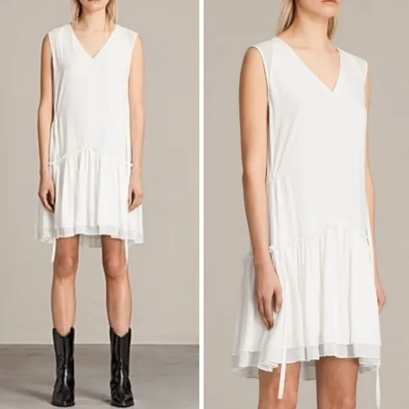 ALLSAINTS * Flowy Drop-waist Mini * Sheer panel at double-flounce ruffled hem M