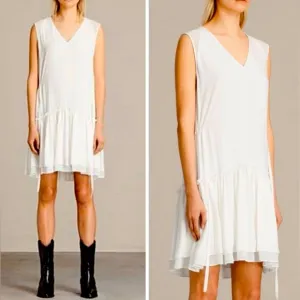 ALLSAINTS * Flowy Drop-waist Mini * Sheer panel at double-flounce ruffled hem M