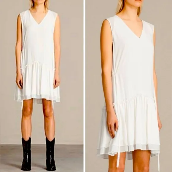 ALLSAINTS * Flowy Drop-waist Mini * Sheer panel at double-flounce ruffled hem M