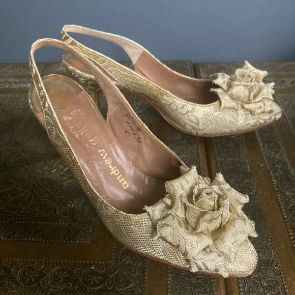 Andrew Geller heels shoes size 9.5 VTG gold rose slingback bridal kitten heel