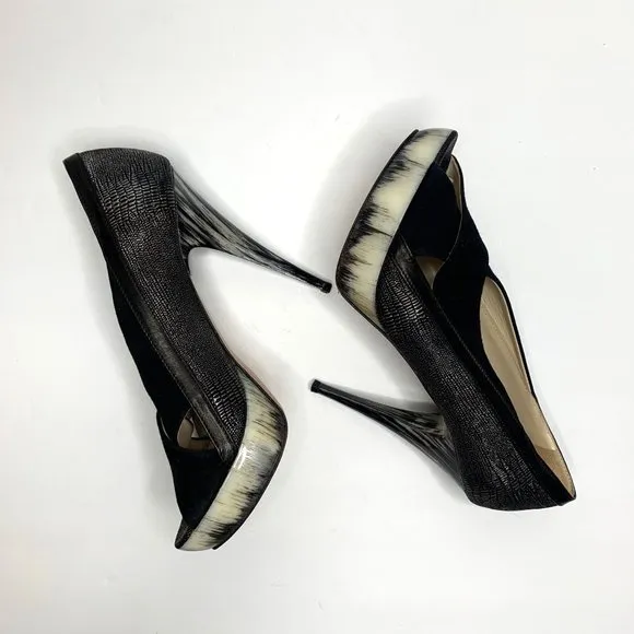 ANGELEIGH ANASTASIO Black Leather Peep Toe Platform Stiletto Sz 8