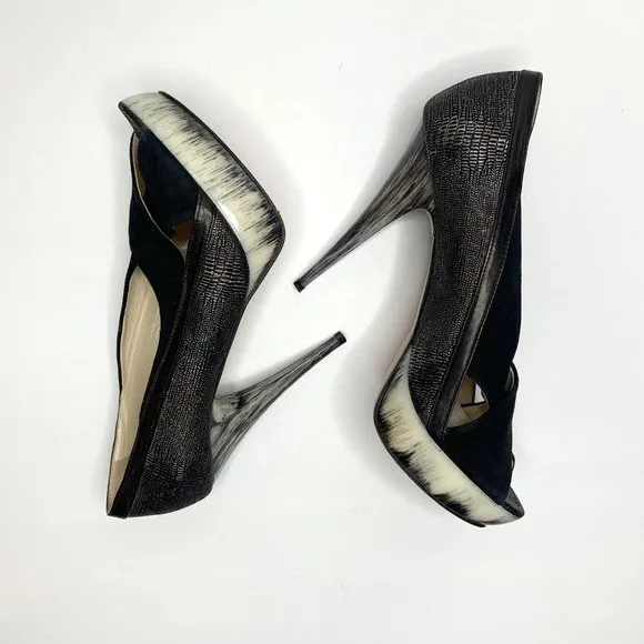 ANGELEIGH ANASTASIO Black Leather Peep Toe Platform Stiletto Sz 8