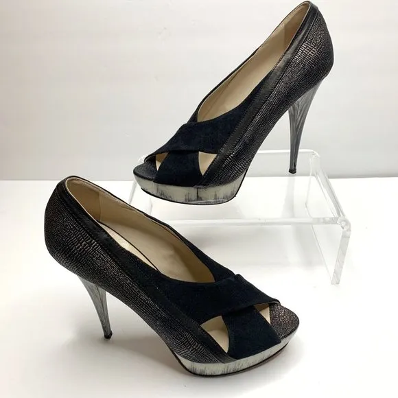 ANGELEIGH ANASTASIO Black Leather Peep Toe Platform Stiletto Sz 8