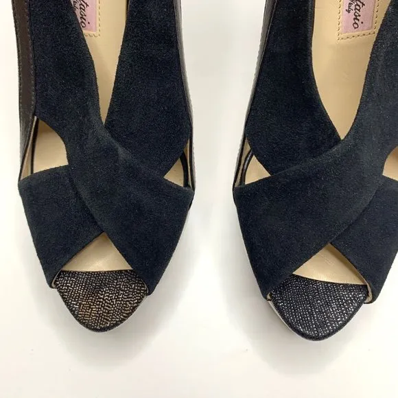 ANGELEIGH ANASTASIO Black Leather Peep Toe Platform Stiletto Sz 8