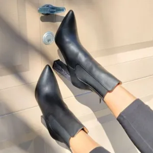 Ankle Zip Boots Pointed Toe Chunky Printed Block Heels