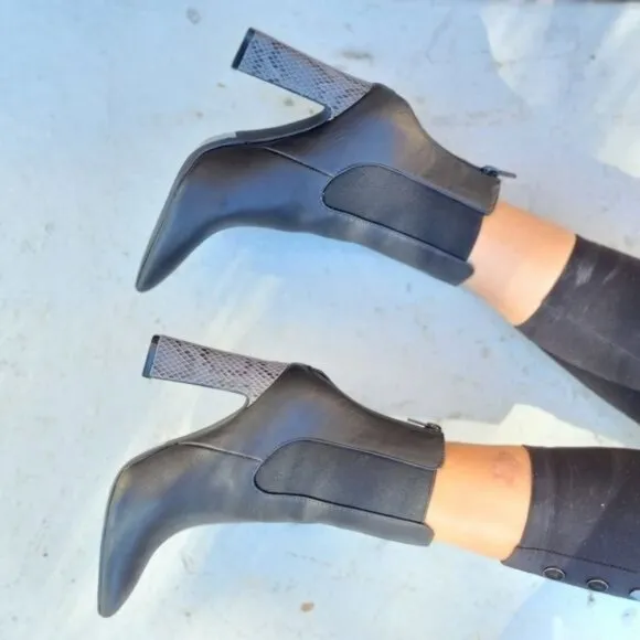 Ankle Zip Boots Pointed Toe Chunky Printed Block Heels