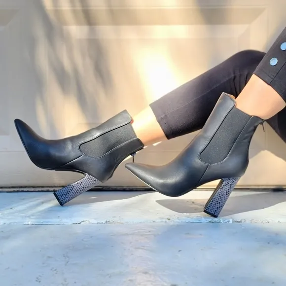 Ankle Zip Boots Pointed Toe Chunky Printed Block Heels