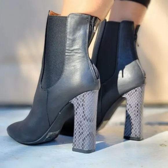 Ankle Zip Boots Pointed Toe Chunky Printed Block Heels