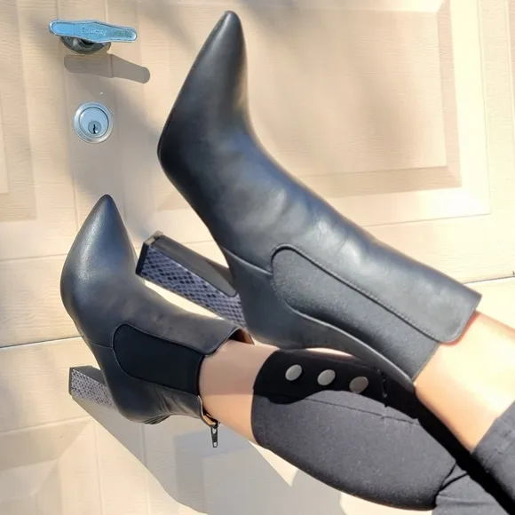 Ankle Zip Boots Pointed Toe Chunky Printed Block Heels