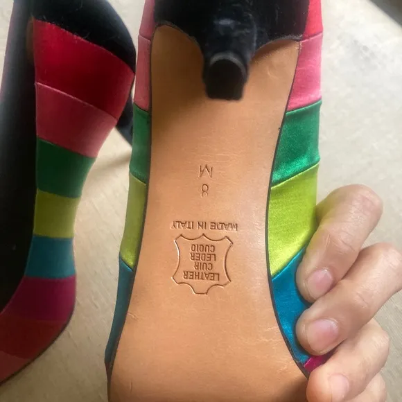 Anne Klein Vtg 80’s Velvet &amp; Satin rainbow high heels PRIDE shoes 8 mob punk 70s