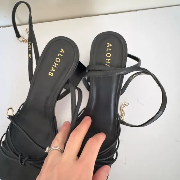 Anthropologie ALOHAS Cactus Sandals Total Black Leather Chain 39