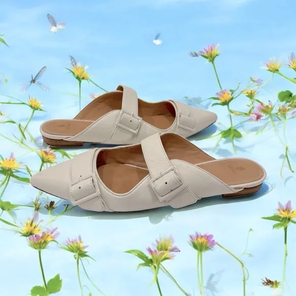Anthropologie BILL BLASS SYLVIE SLIDE All Leather Mules Flats IVORY size 10