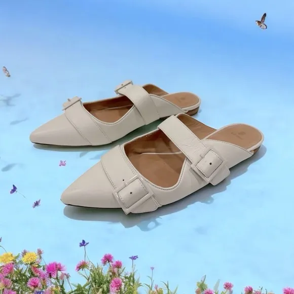 Anthropologie BILL BLASS SYLVIE SLIDE All Leather Mules Flats IVORY size 10