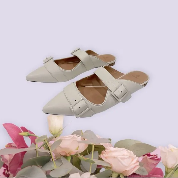 Anthropologie BILL BLASS SYLVIE SLIDE All Leather Mules Flats IVORY size 10