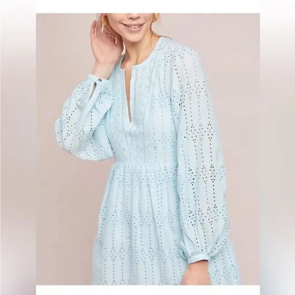 Anthropologie Dress Eyelet Baby Doll in light Blue