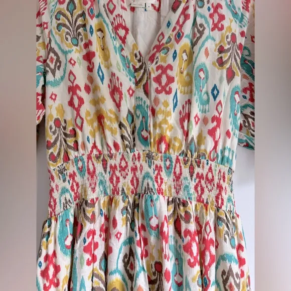 Anthropologie Felipa Maxi Dress EUC Ikat Tiered Smocked Floral Puff Sleeve