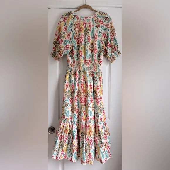 Anthropologie Felipa Maxi Dress EUC Ikat Tiered Smocked Floral Puff Sleeve