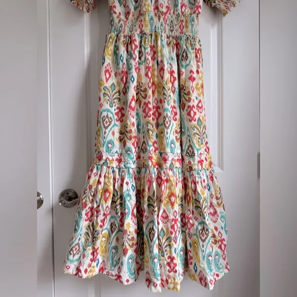 Anthropologie Felipa Maxi Dress EUC Ikat Tiered Smocked Floral Puff Sleeve