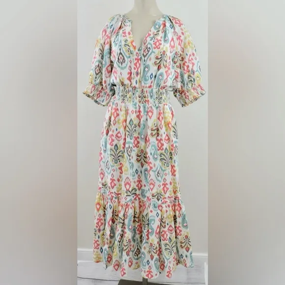 Anthropologie Felipa Maxi Dress EUC Ikat Tiered Smocked Floral Puff Sleeve