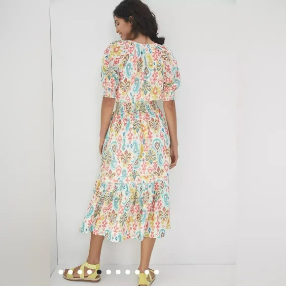 Anthropologie Felipa Maxi Dress EUC Ikat Tiered Smocked Floral Puff Sleeve