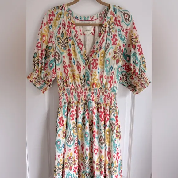Anthropologie Felipa Maxi Dress EUC Ikat Tiered Smocked Floral Puff Sleeve
