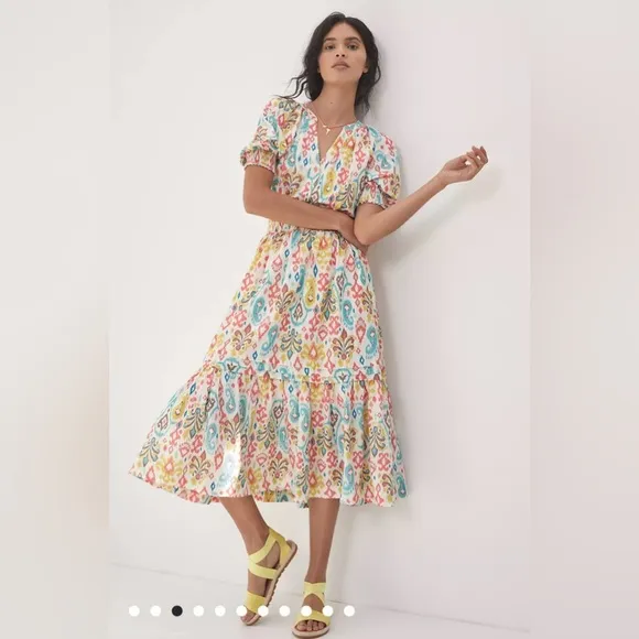 Anthropologie Felipa Maxi Dress EUC Ikat Tiered Smocked Floral Puff Sleeve