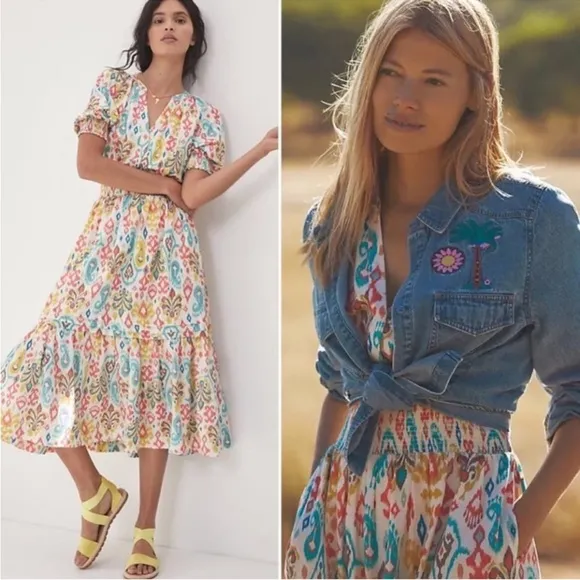 Anthropologie Felipa Maxi Dress EUC Ikat Tiered Smocked Floral Puff Sleeve