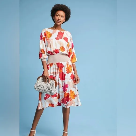 Anthropologie Maeve Gemma Floral dress in oranges, peaches, reds &amp; white- S NWT