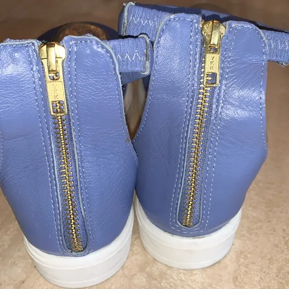 ANTHROPOLOGIE MAEVE puffy blue leather sandals, zip back, platform. 39 EUC