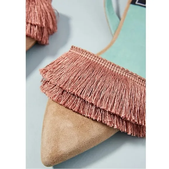 ANTHROPOLOGIE SUEDE LEATHER D'ORSAY ANKLE STRAPS FRINGED FLATS SHOES SIZE 36 NWT
