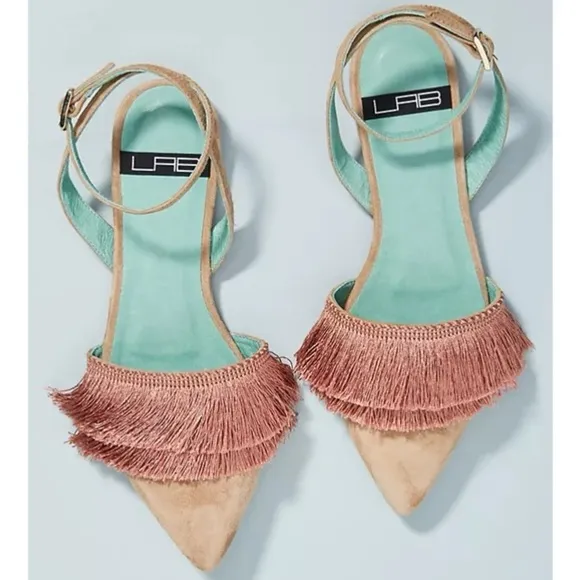 ANTHROPOLOGIE SUEDE LEATHER D'ORSAY ANKLE STRAPS FRINGED FLATS SHOES SIZE 36 NWT