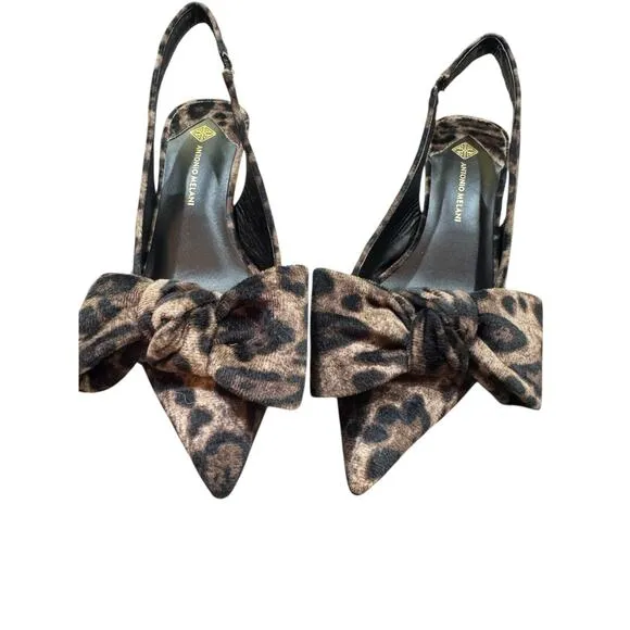 Antonio Melani Leopard Slingback Heels Bow Point Toe Kitten Velvet 7.5