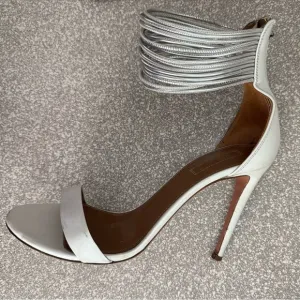 AQUAZZURA White Leather Stiletto Hill Metallic Silver Ankle Strap Sandals Zip 38