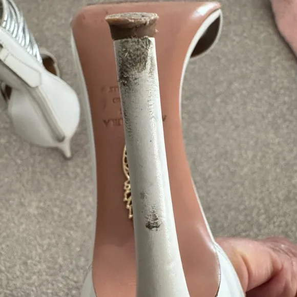 AQUAZZURA White Leather Stiletto Hill Metallic Silver Ankle Strap Sandals Zip 38