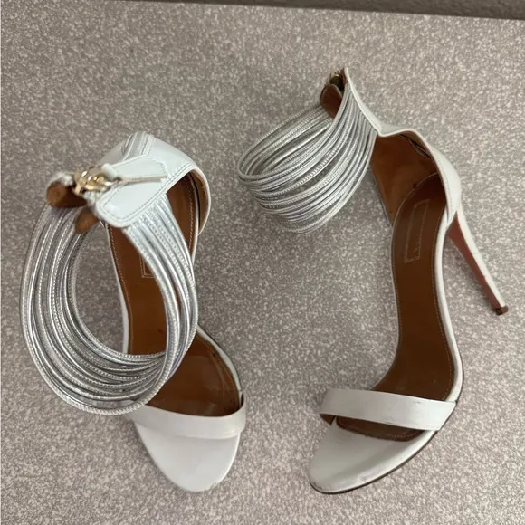 AQUAZZURA White Leather Stiletto Hill Metallic Silver Ankle Strap Sandals Zip 38