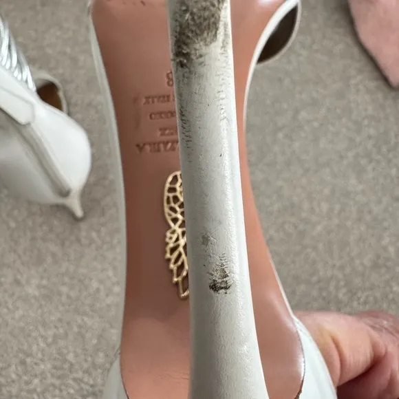 AQUAZZURA White Leather Stiletto Hill Metallic Silver Ankle Strap Sandals Zip 38