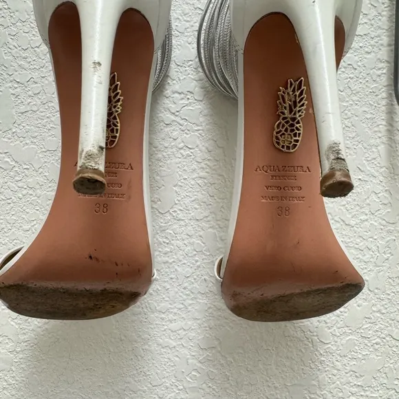 AQUAZZURA White Leather Stiletto Hill Metallic Silver Ankle Strap Sandals Zip 38