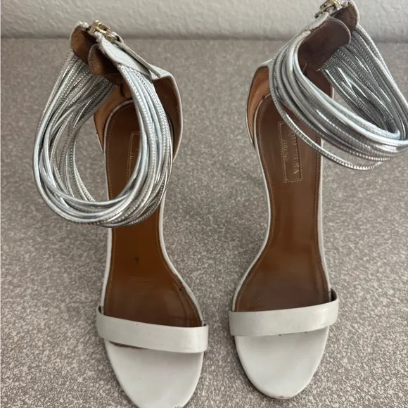 AQUAZZURA White Leather Stiletto Hill Metallic Silver Ankle Strap Sandals Zip 38