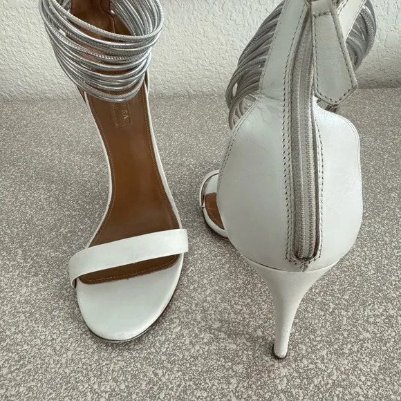 AQUAZZURA White Leather Stiletto Hill Metallic Silver Ankle Strap Sandals Zip 38