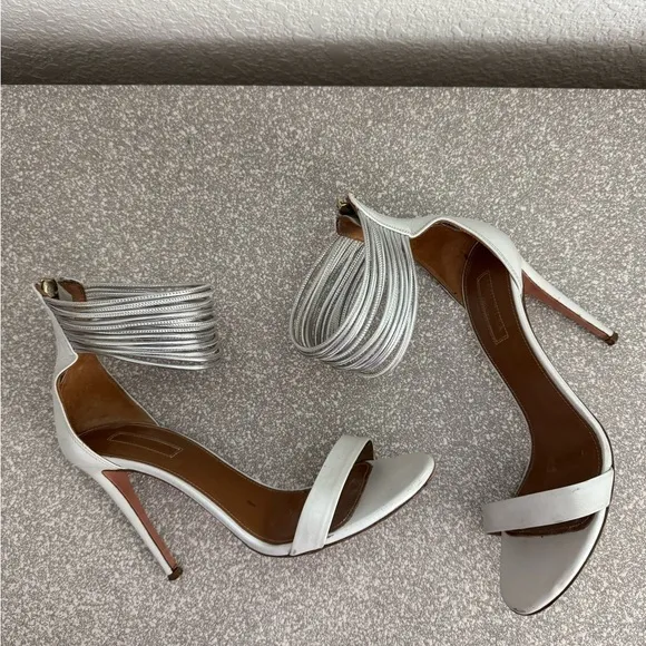 AQUAZZURA White Leather Stiletto Hill Metallic Silver Ankle Strap Sandals Zip 38