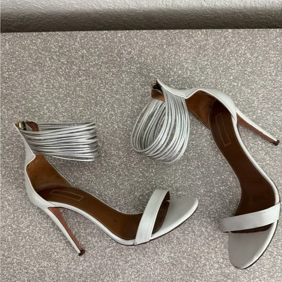 AQUAZZURA White Leather Stiletto Hill Metallic Silver Ankle Strap Sandals Zip 38