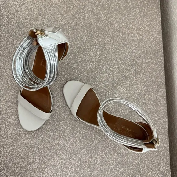 AQUAZZURA White Leather Stiletto Hill Metallic Silver Ankle Strap Sandals Zip 38