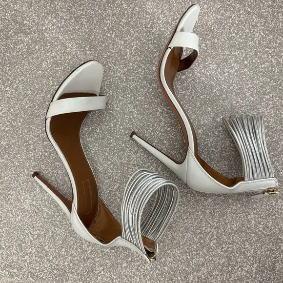 AQUAZZURA White Leather Stiletto Hill Metallic Silver Ankle Strap Sandals Zip 38
