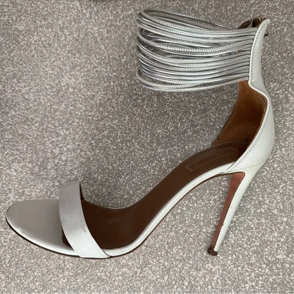 AQUAZZURA White Leather Stiletto Hill Metallic Silver Ankle Strap Sandals Zip 38