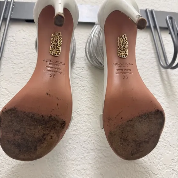 AQUAZZURA White Leather Stiletto Hill Metallic Silver Ankle Strap Sandals Zip 38