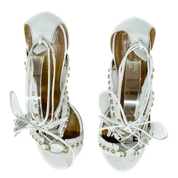 Aquazzura White Tulum Fringed Leather Studded Gladiator Sandal size 37.5